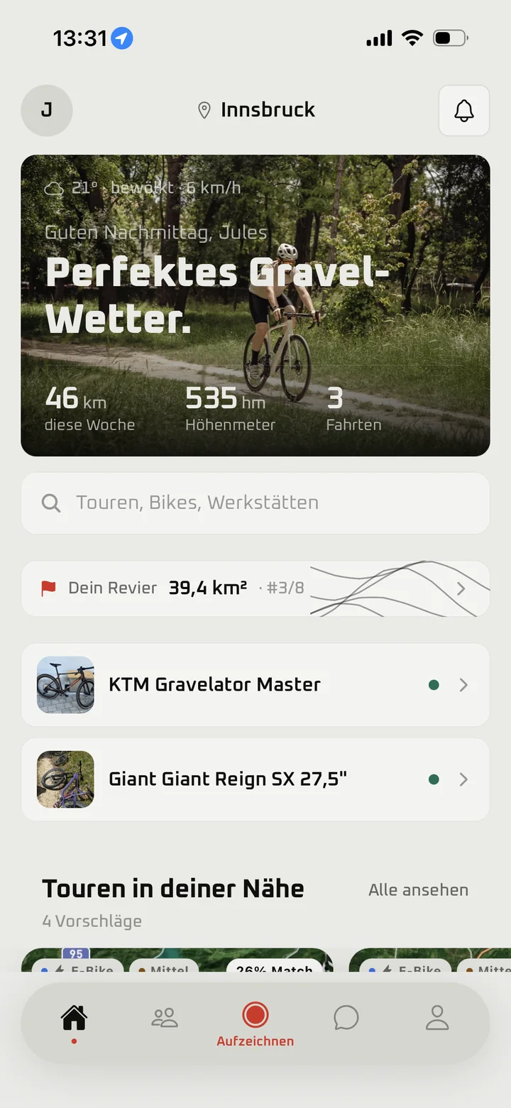 Bikeley: Startseite mit Wetter und Touren in der Nähe