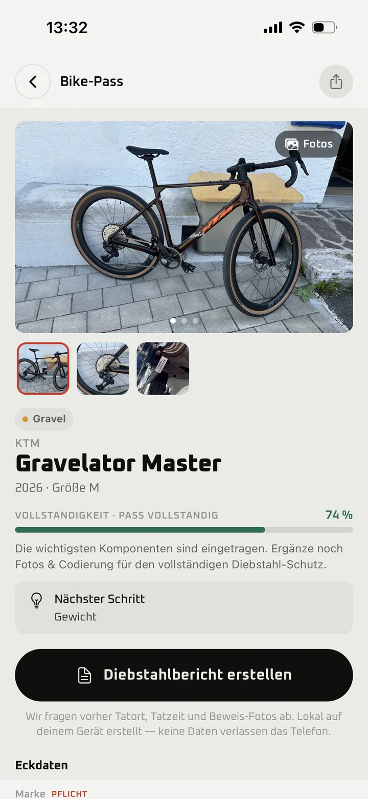 Bikeley: Bike-Pass mit Rahmennummer und Service-Historie