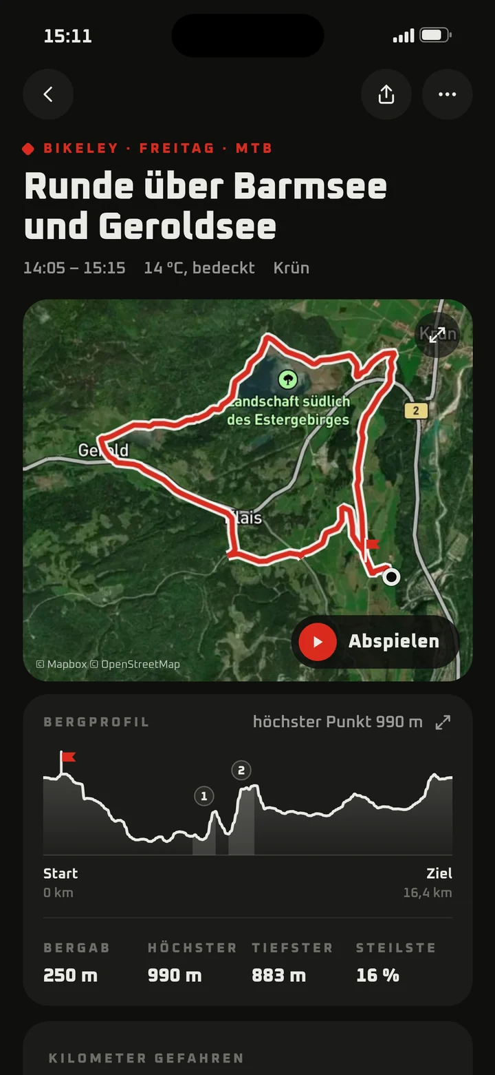 Bikeley app: ride on the satellite map with elevation profile